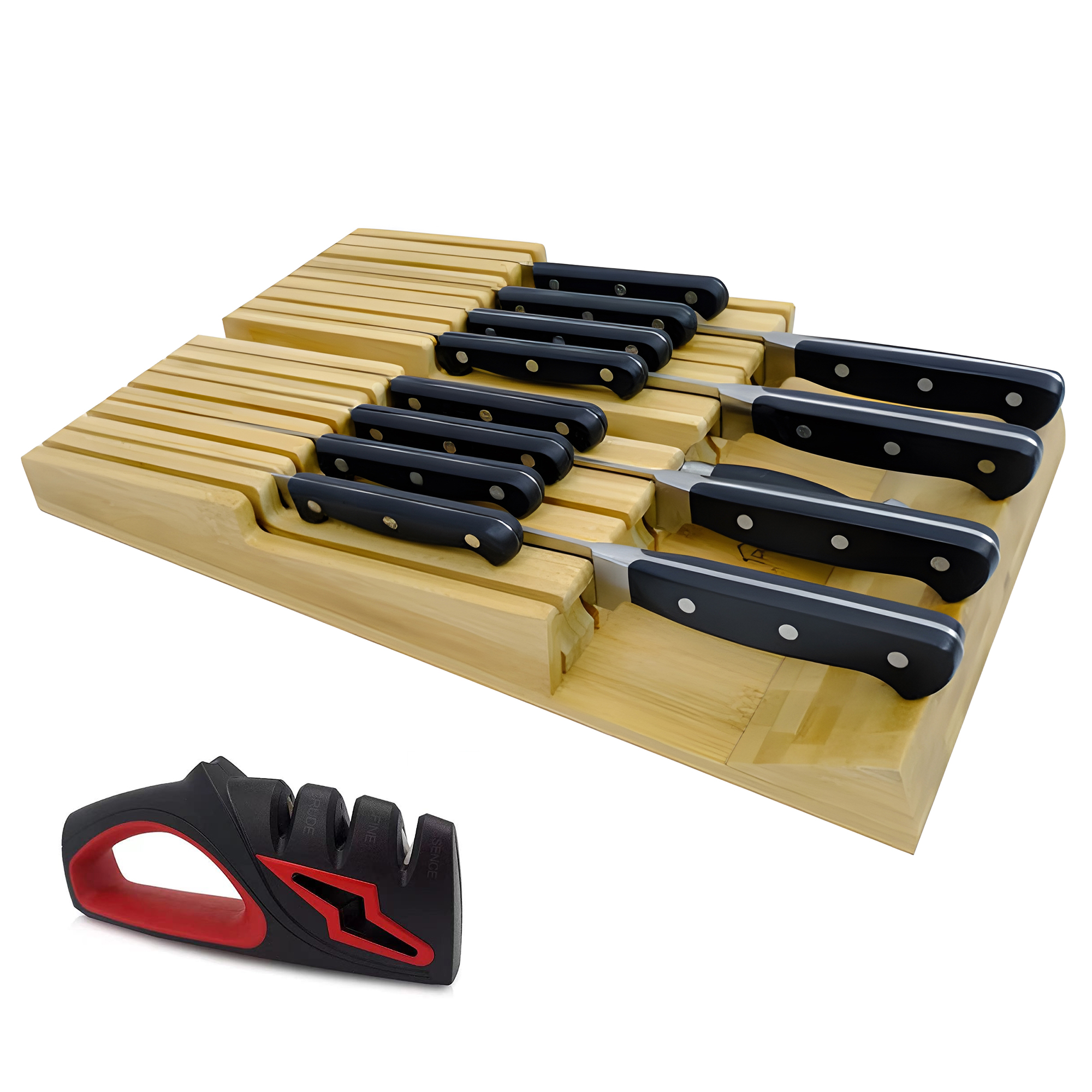 In-Drawer Bamboo Knife Block Organizer with Optional Sharpener
