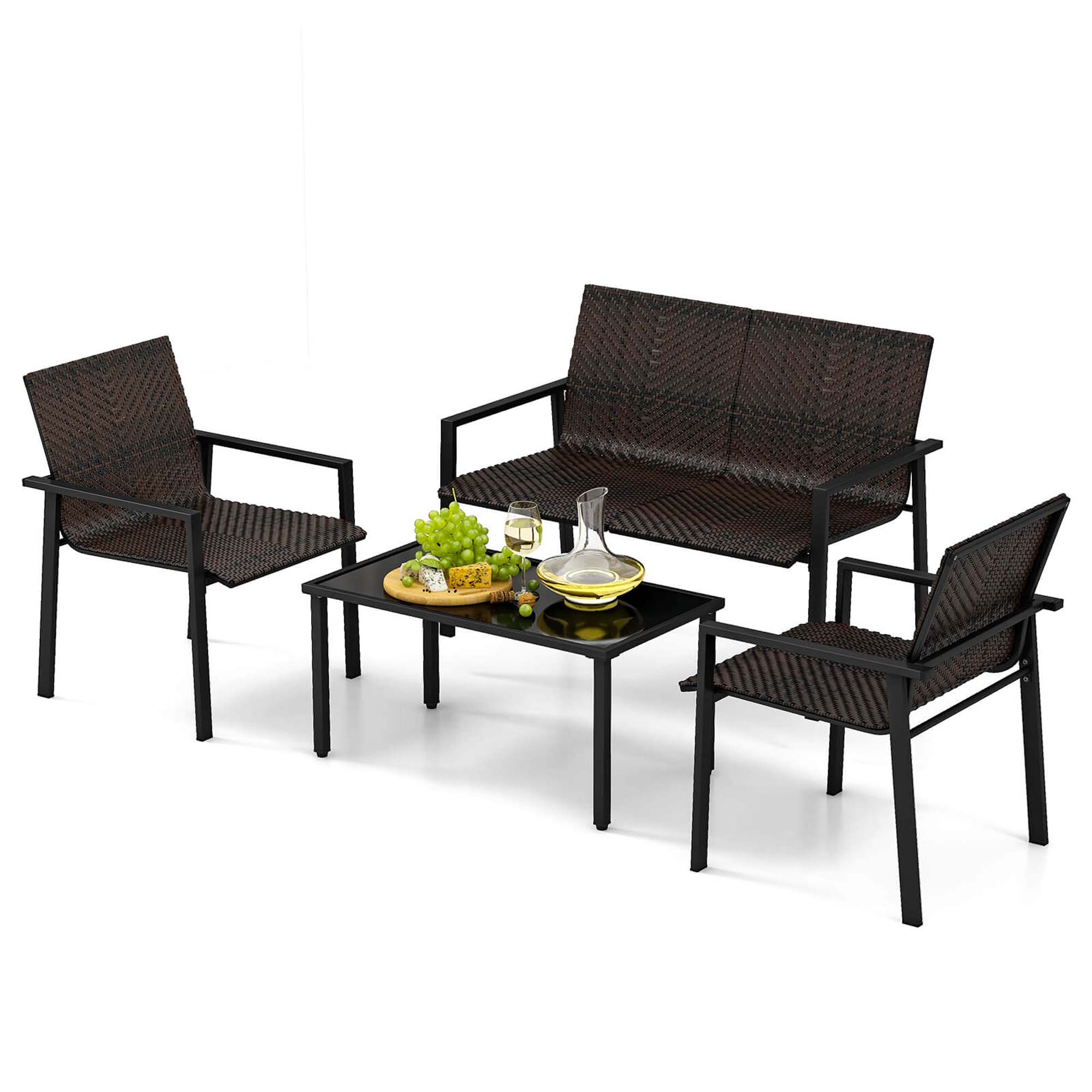 Costway 4-Piece Outdoor Wicker Patio Furniture Set with Heavy-Duty Galvanized Metal Frame