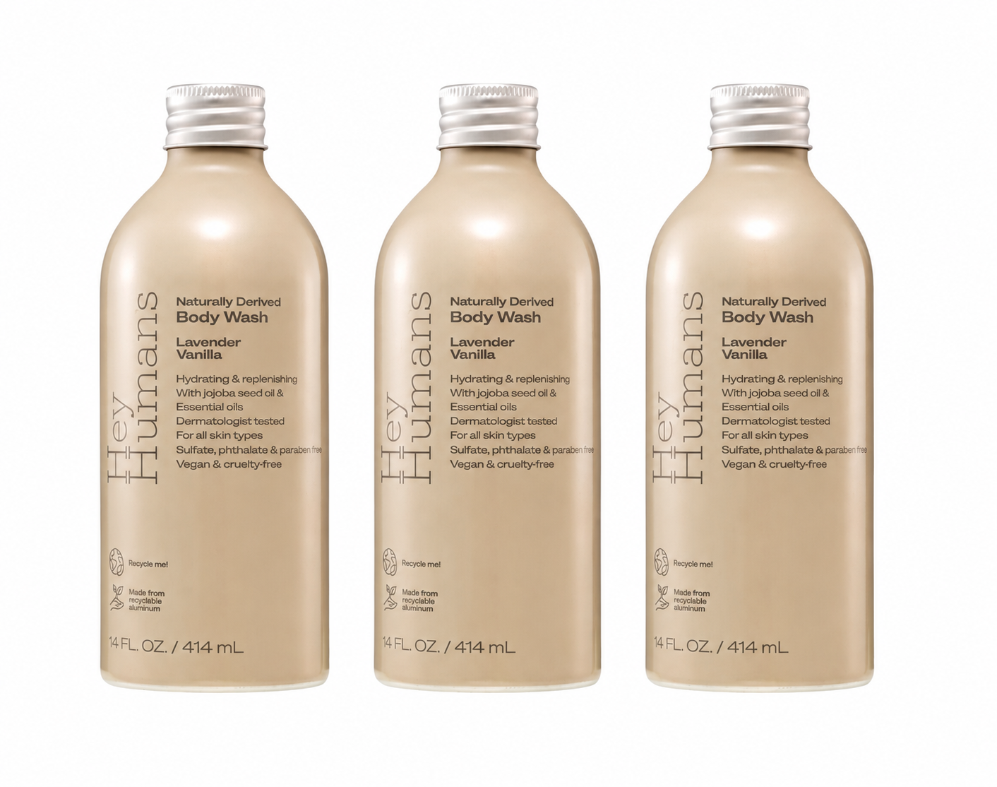 3 pack HEY HUMANS Body Wash, 14 fl oz.