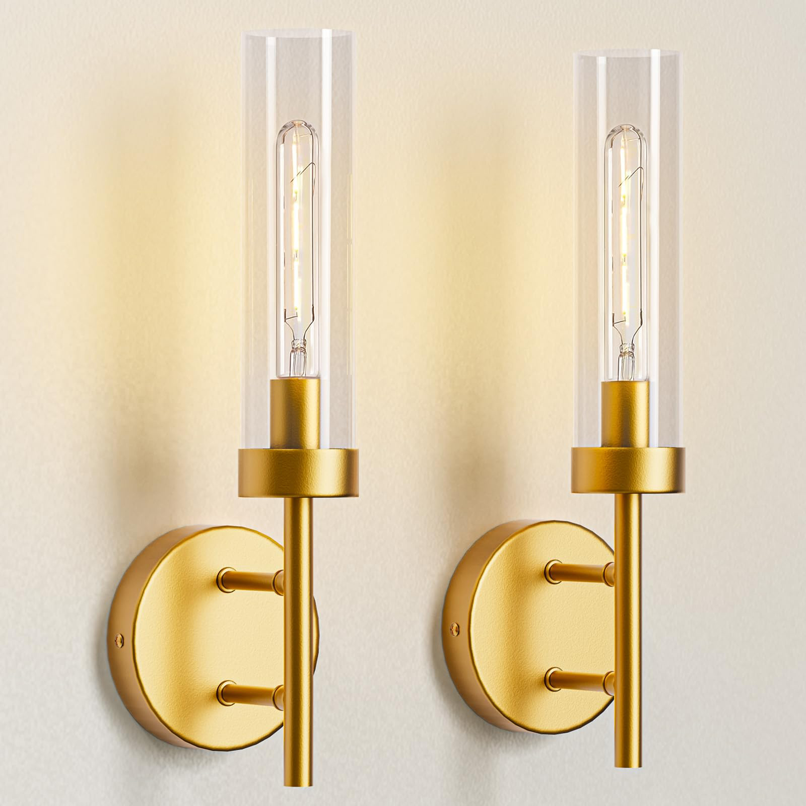 Modern Gold Wall Sconce Set of 2, Hardwired Bathroom Vanity Light with Clear Glass Shade, Indoor Wall Lighting for Bedroom, Hallway, Entryway