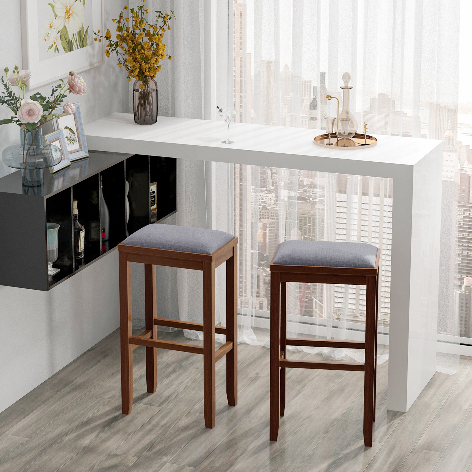 Set of 2 Upholstered Wooden Bar Stools (17'' x 11.5'' x 25'')