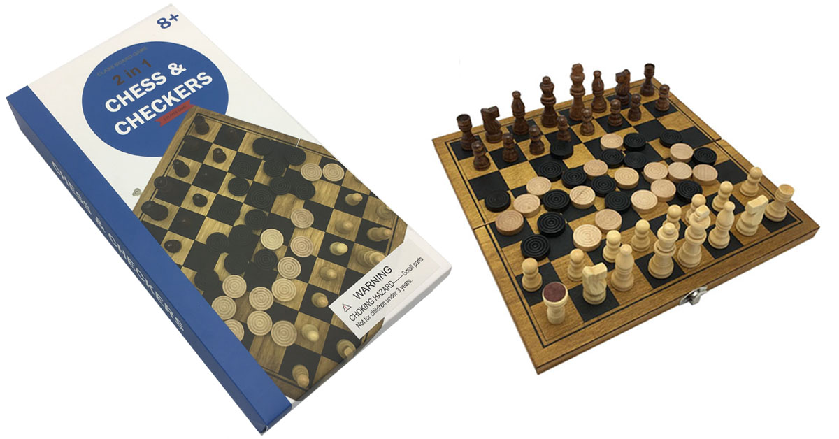 Zummy Natural Wooden 2 in 1 Chess and Checkers Game Puzzle - Mini Size