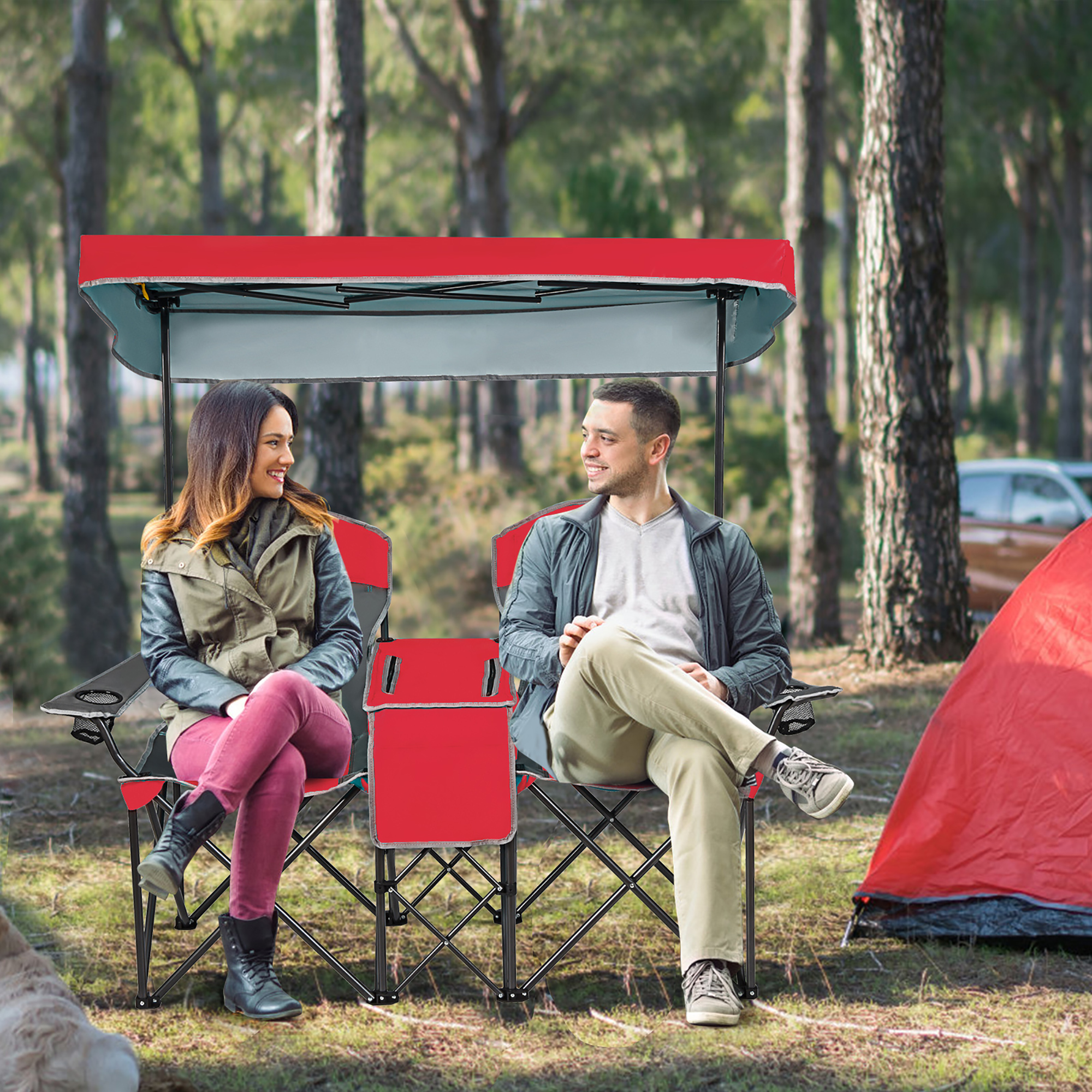 Goplus Portable Folding Camping Canopy Chairs w/ Cup Holder Cooler Outdoor- 3 Colors