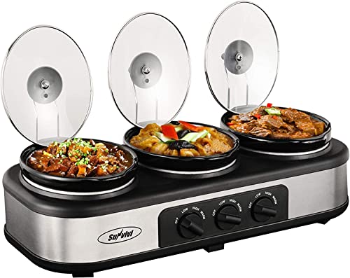 RoyalCraft Slow Cooker, Triple Slow Cooker Buffet Server and Food Warmer, 3-Section 1.5-Quart Upgraded Oval Ceramic Pot, Total 4.5 QT