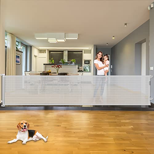 KISKIZ 110 INCH RETRACTABLE BABY GATES LARGE OPENINGS DOG GATE - LIGHT GRAY
