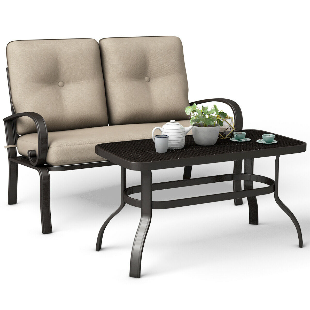 Costway 2 Pcs Patio Outdoor LoveSeat Coffee Table Set Furniture Bench With Cushions
