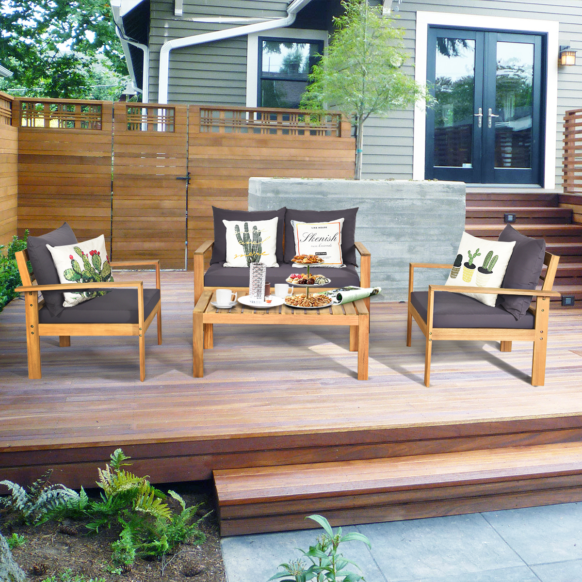 Costway 4PCS Patio Furniture Set Acacia Wood Thick Cushion Loveseat Sofa Of