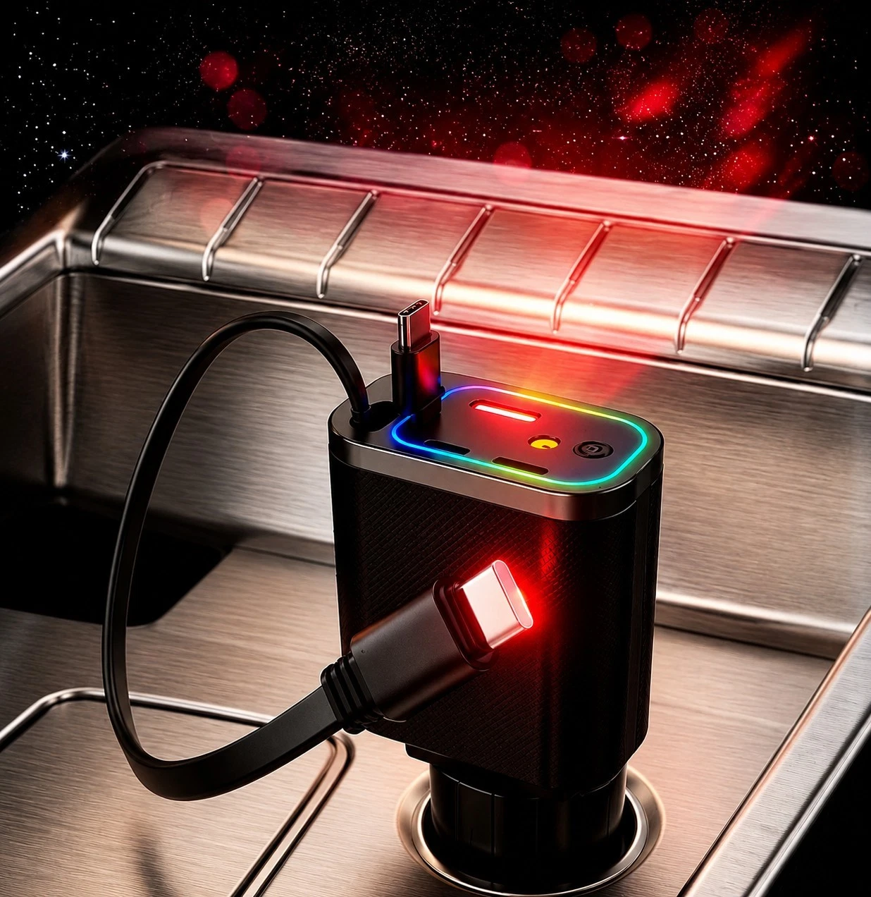 5 in 1 Retractable Fast Car Charger with Starlight USB C for iPhone &Android US
