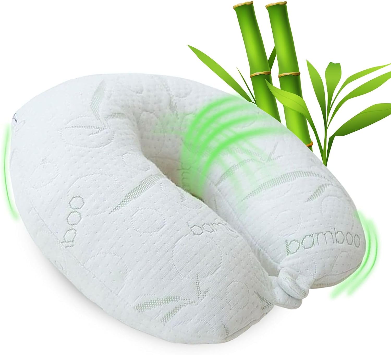 Bamboo Neck Pillow, Travel Pillows for Airplanes, Bamboo Cover with Cooling Memory Foam