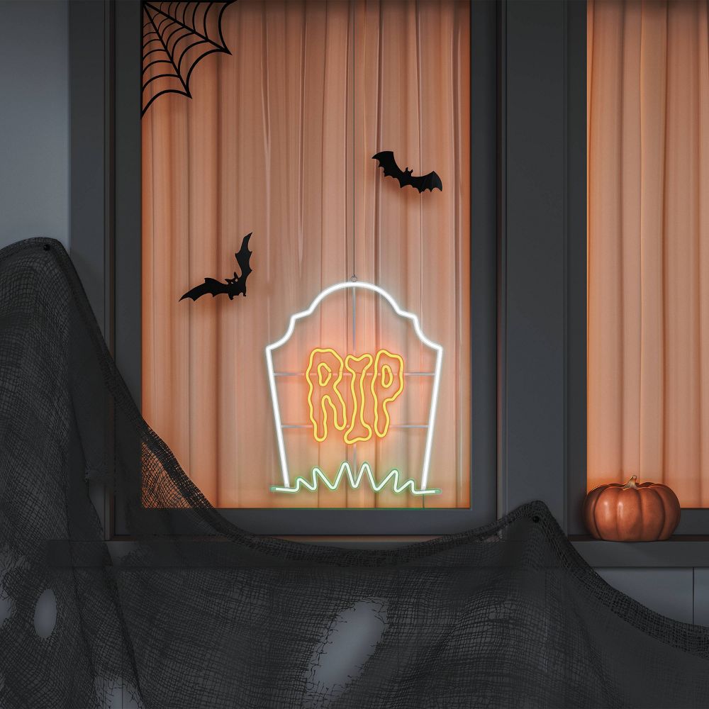 LED Tombstone "RIP" Flashing Neon Sign with Frame Halloween Silhouette Light