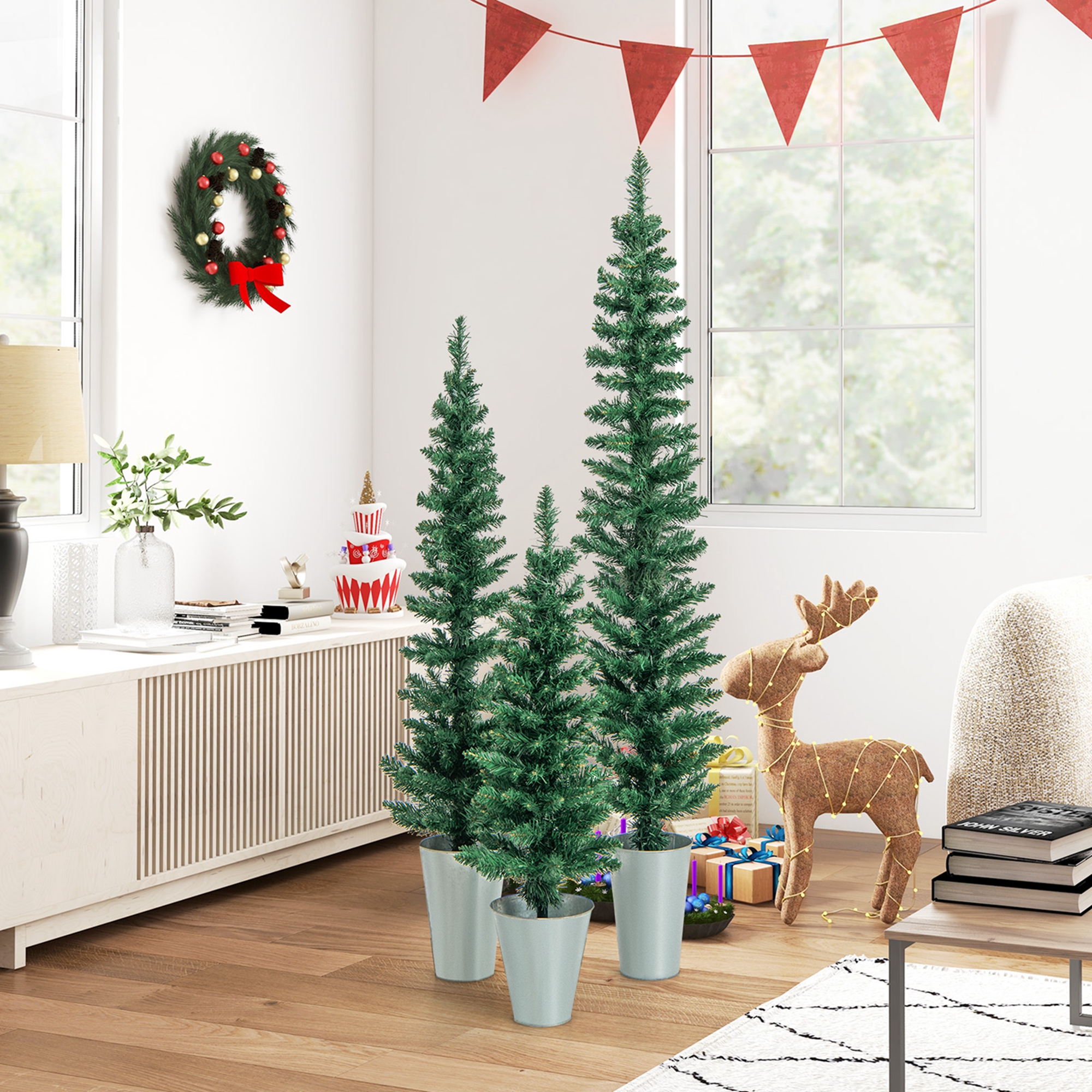 Costway Potted Artificial Christmas Tree Set of 3 with 3/4/5 FT Faux Slim Pencil Trees