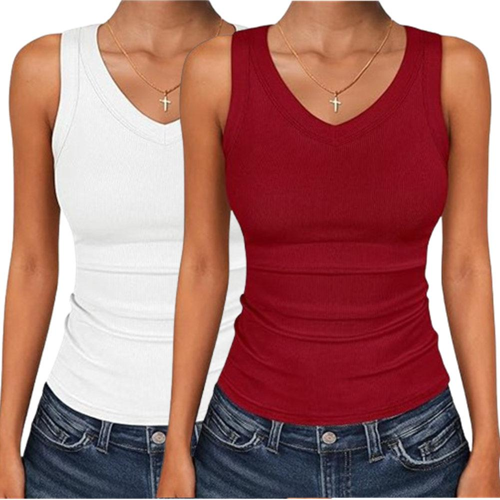 2-Pack Women's Ribbed V-Neck Tank Tops – Slim Fit Sleeveless Tees