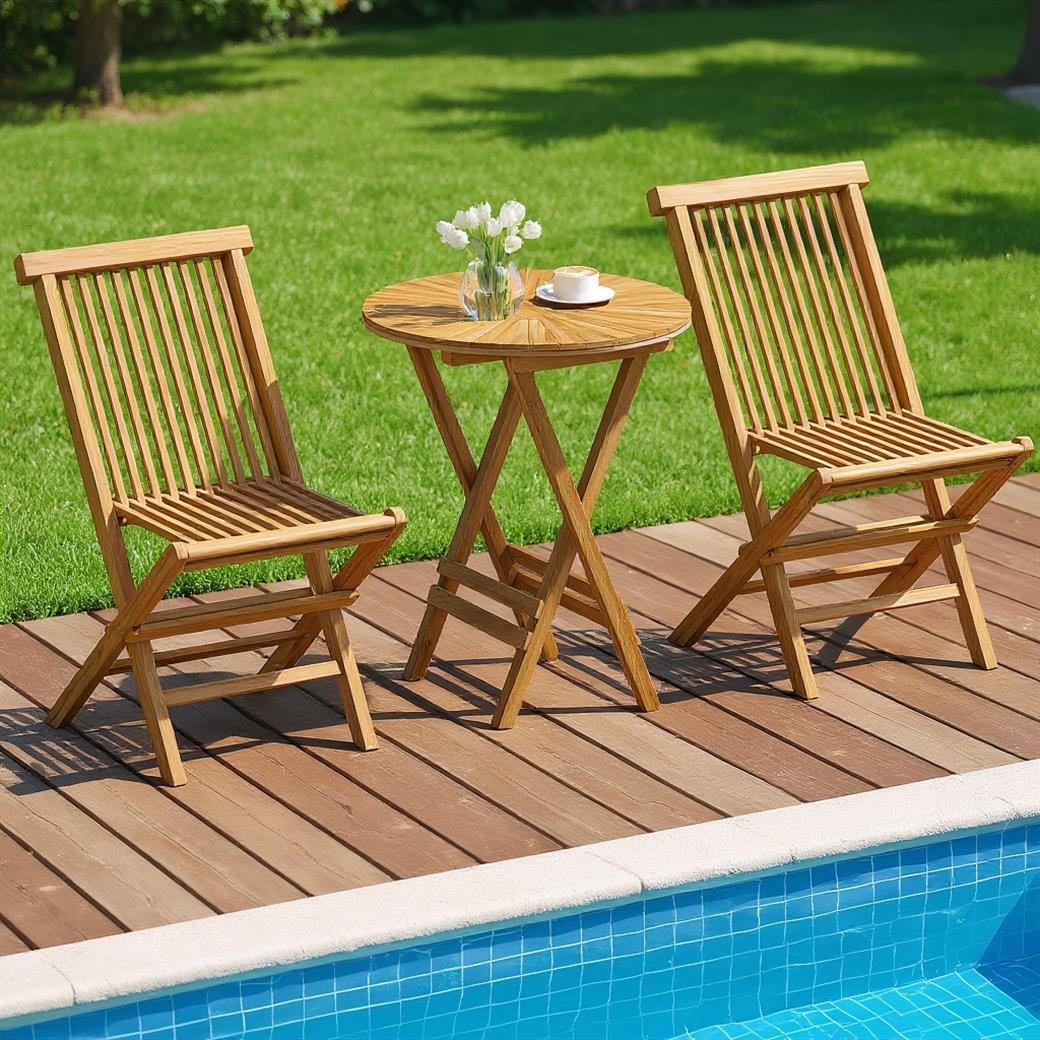 Patio Folding Side Table Teak Wood Round End Table with Slatted Tabletop and X-Shaped Frame