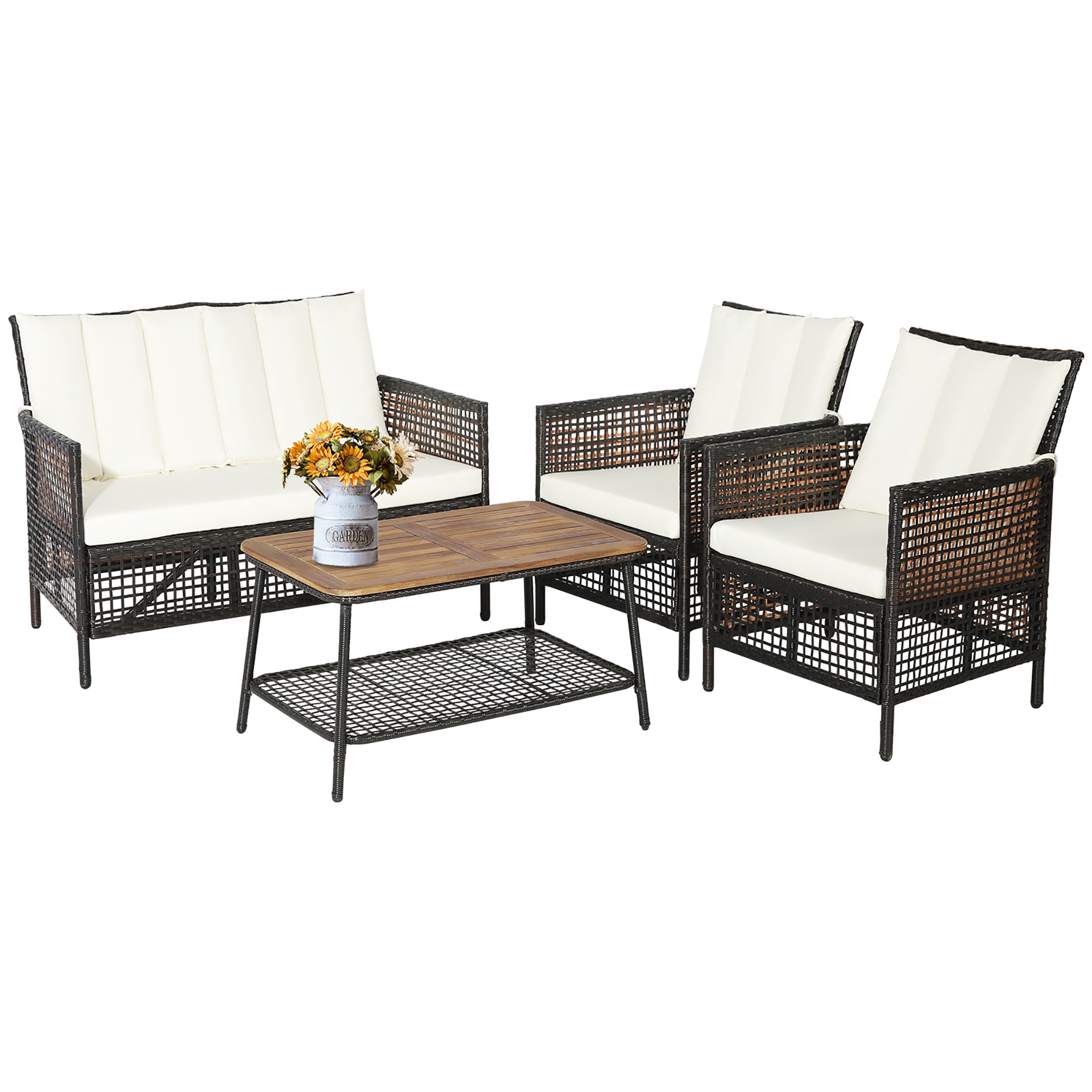 Costway 4PCS Patio Rattan Furniture Set Cushioned Chairs Wood Table Top W/Shelf