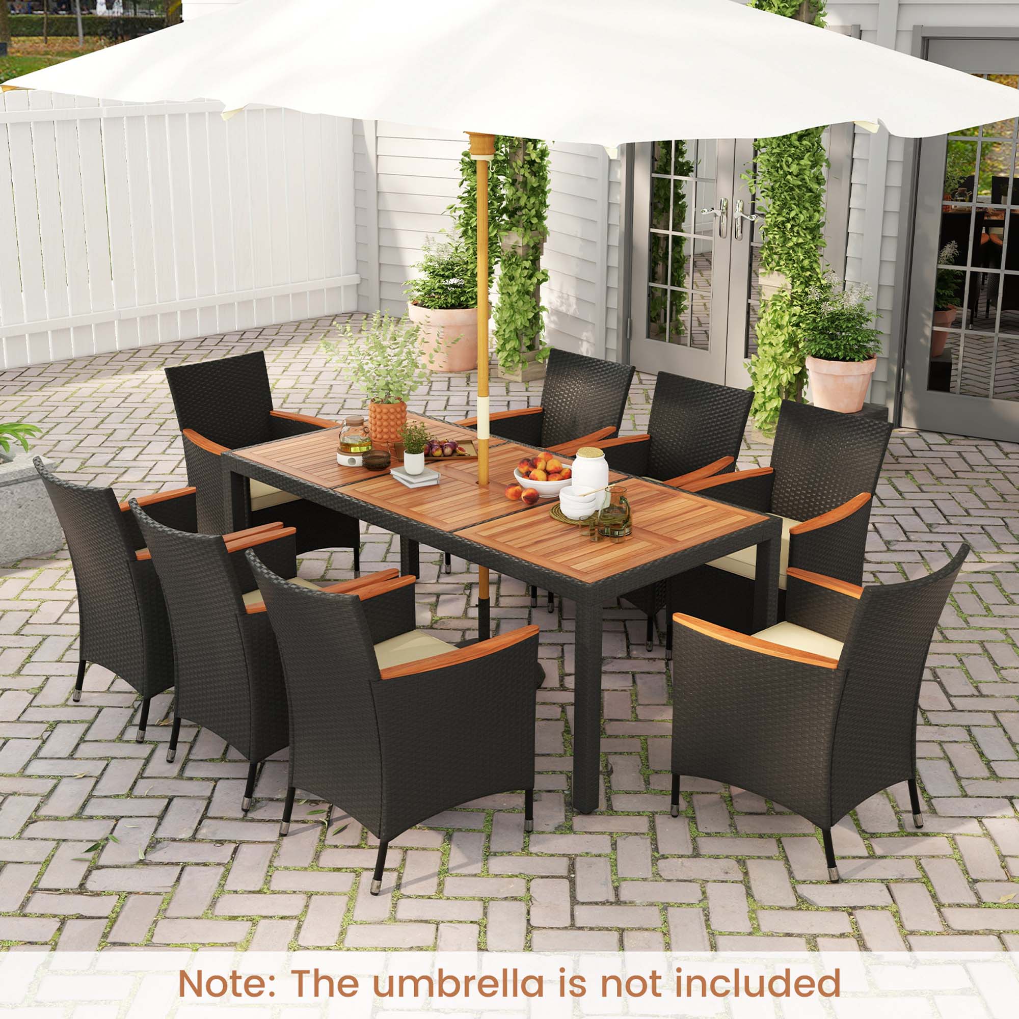 Costway 9 PCS Outdoor Dining Set with Acacia Wood Tabletop, Umbrella Hole, Seat Cushions