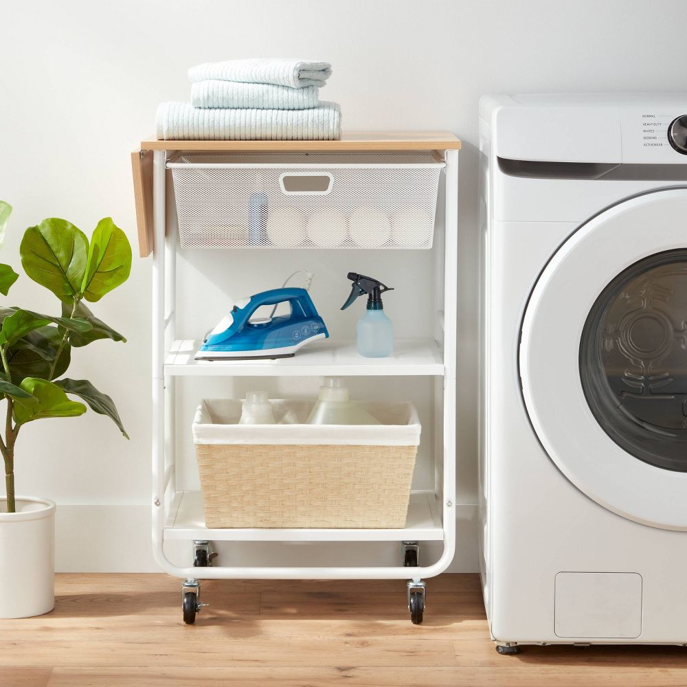Brightroom Modern Plastic Steel Wood 3 Shelves Hooks Storage White Rolling