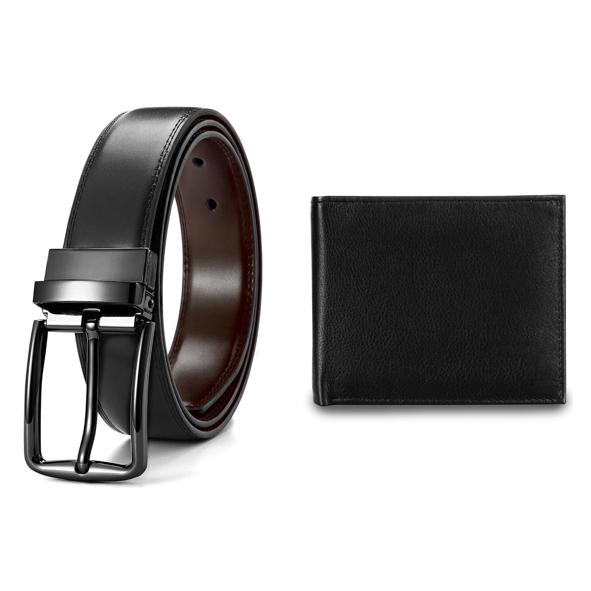 Men's Reversible Genuine Leather Wallet and Belt Set