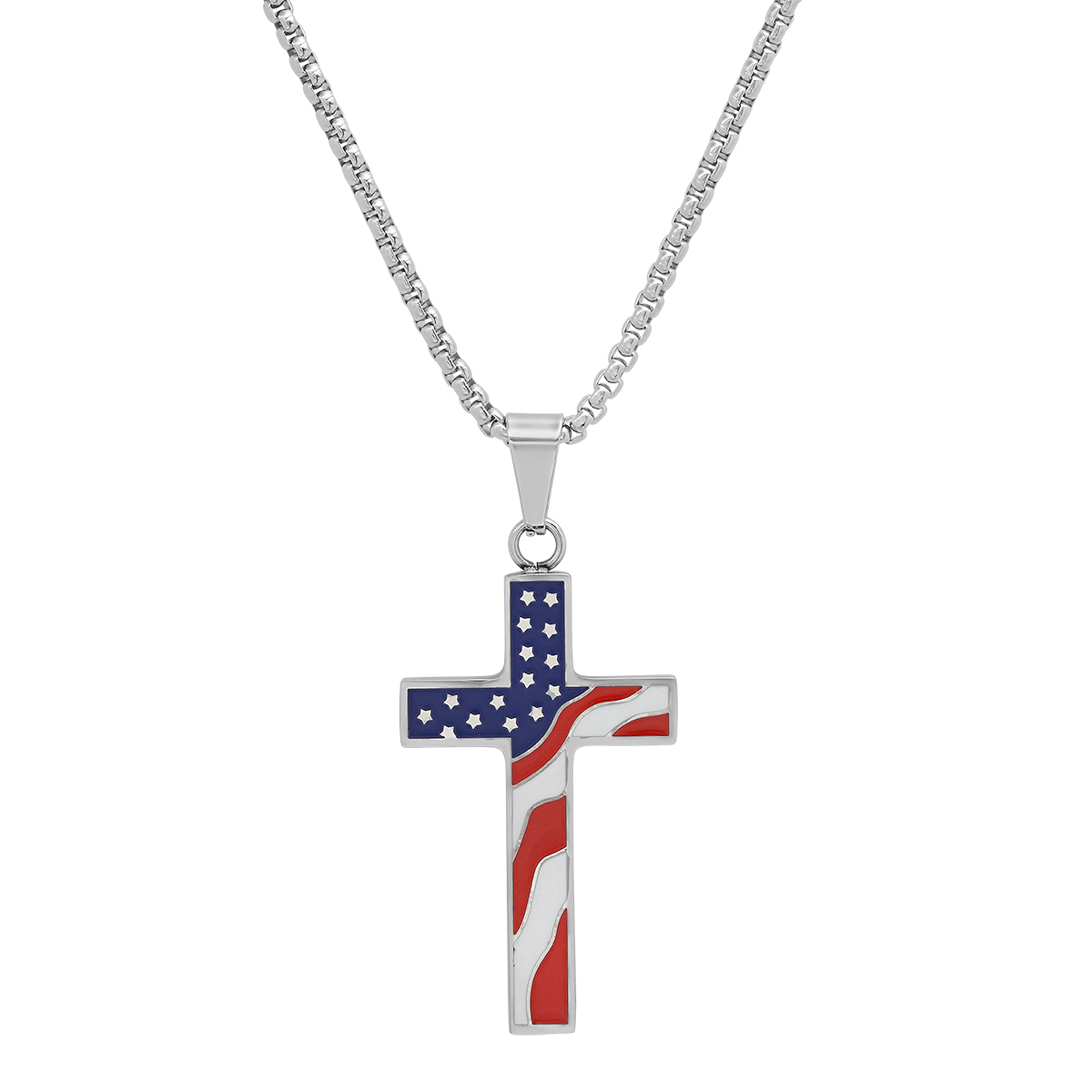Men's Stainless Steel American Flag Cross Pendant – Patriotic Red, White & Blue Enamel Necklace