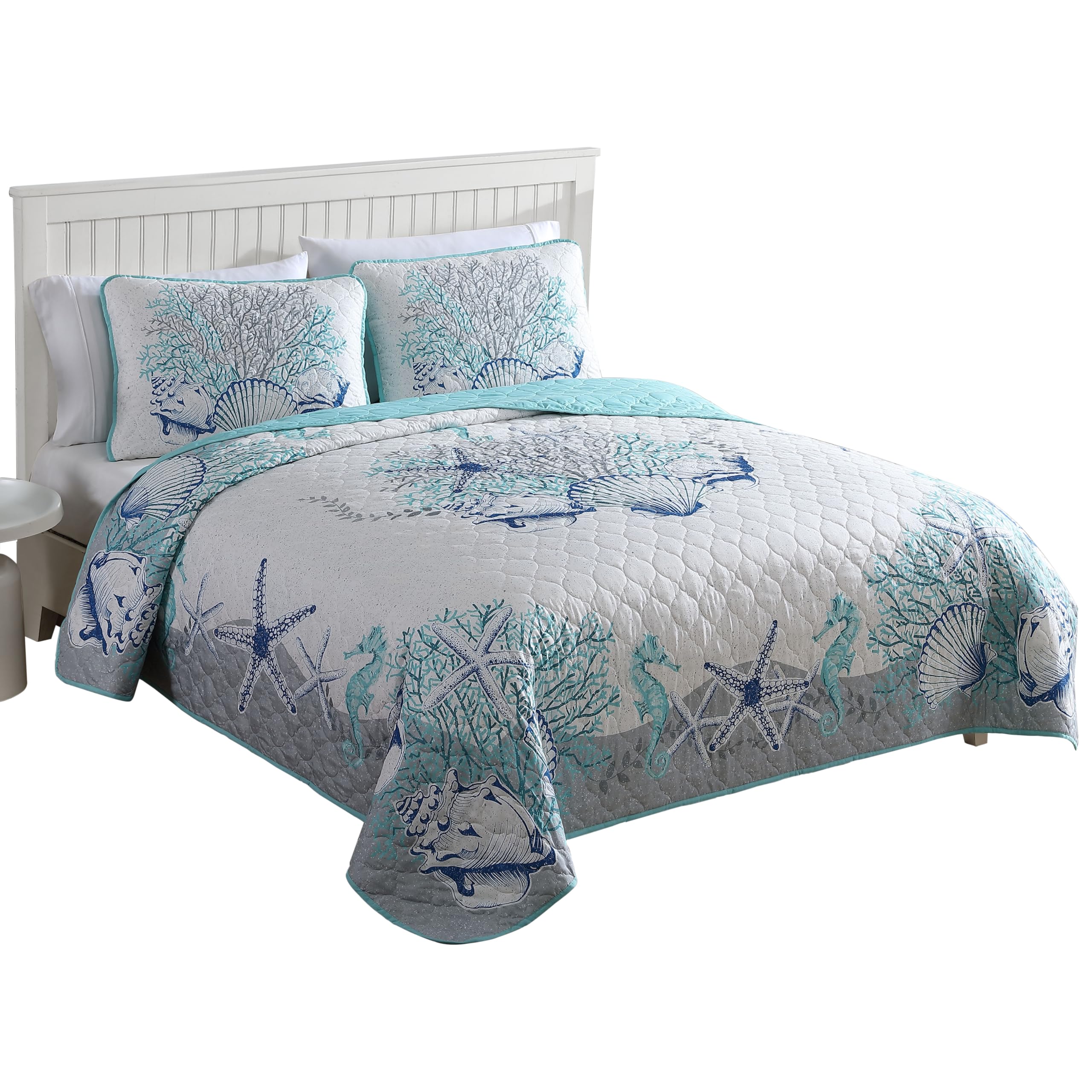 CARIBBEAN JOE COASTAL 3-PIECE QUILT SET, KING, BEACH DELIGHT AQUA