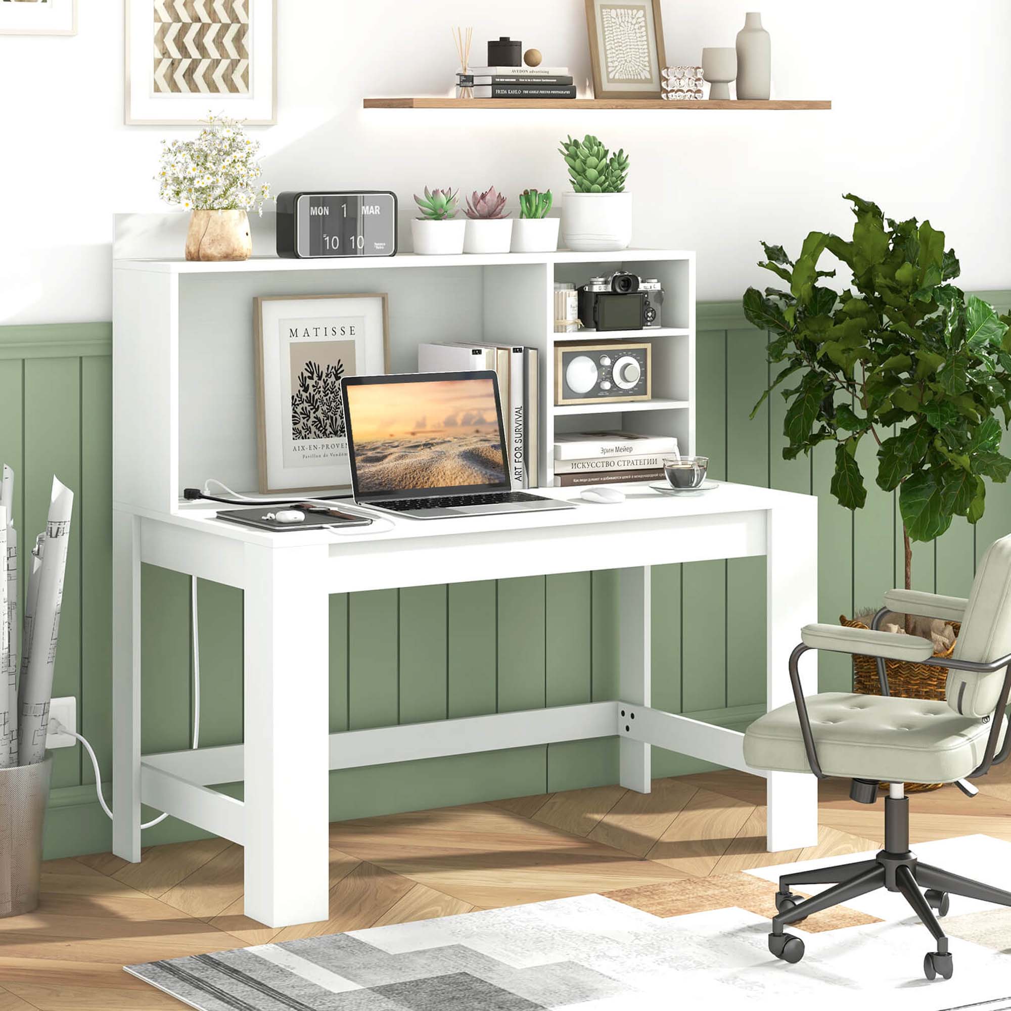 Costway Computer Desk with Hutch 2 Power Outlets USB & Type-c charging Ports 3 Shelves