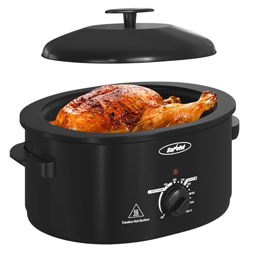 RoyalCraft 8-Quart Roaster Oven with Self-Basting Lid, Electric Turkey Roaster Oven with Removable Pan and Rack, Stainless Steel, Black