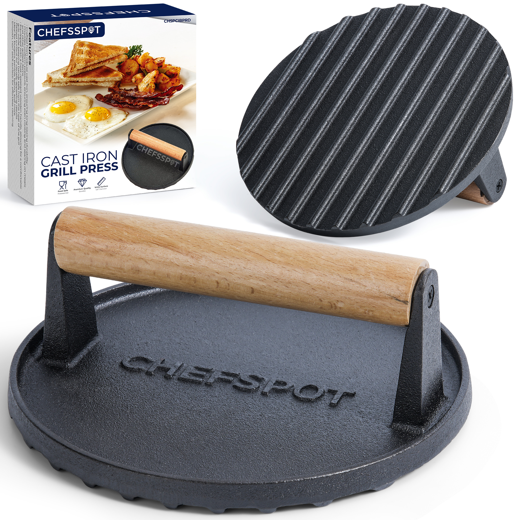 CHEFSPOT Preseasoned Cast Iron Round Grill Press - Rigged Surface - Great for Smash Burgers, Bacon and Grill Marks