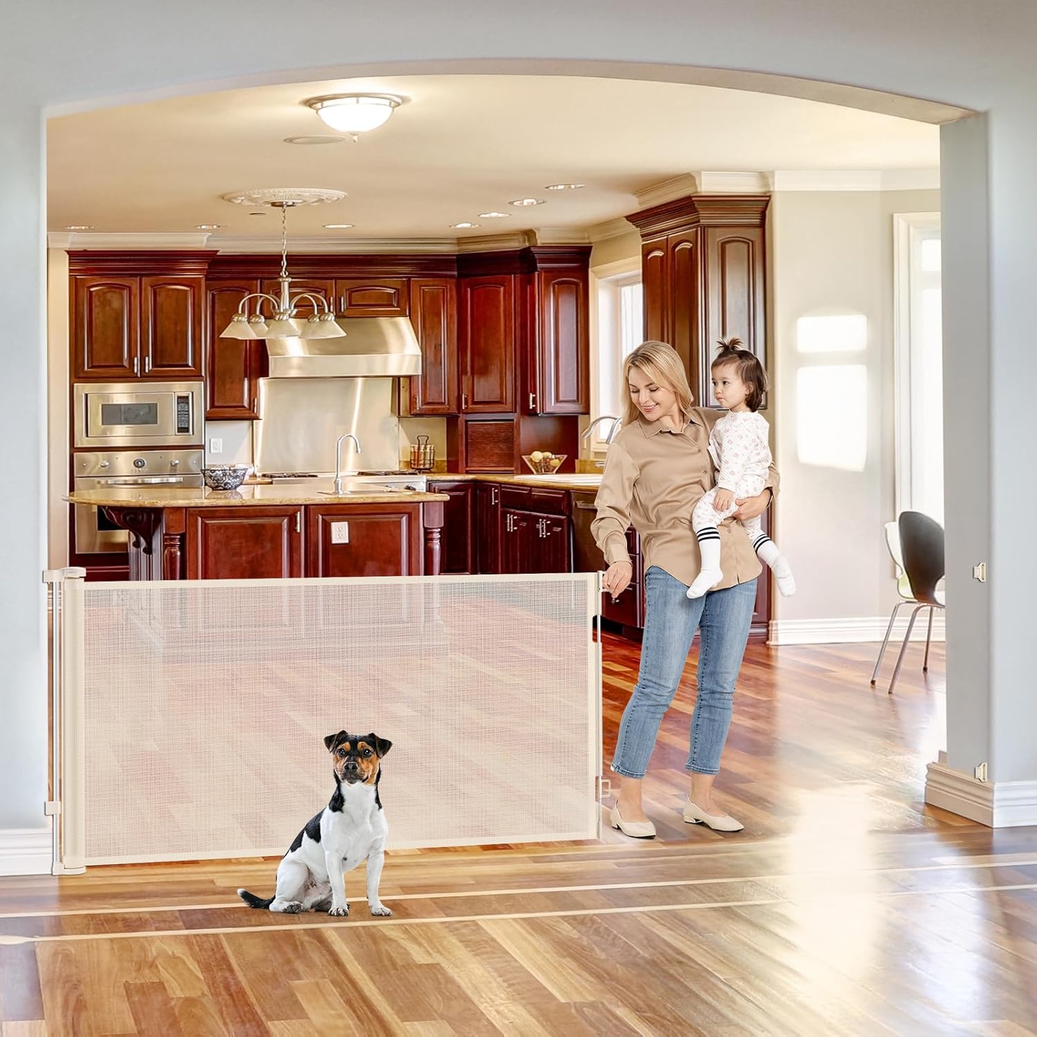 KISKIZ 110 INCH WIDE RETRACTABLE BABY GATE RETRACTABLE DOG GATE - BEIGE
