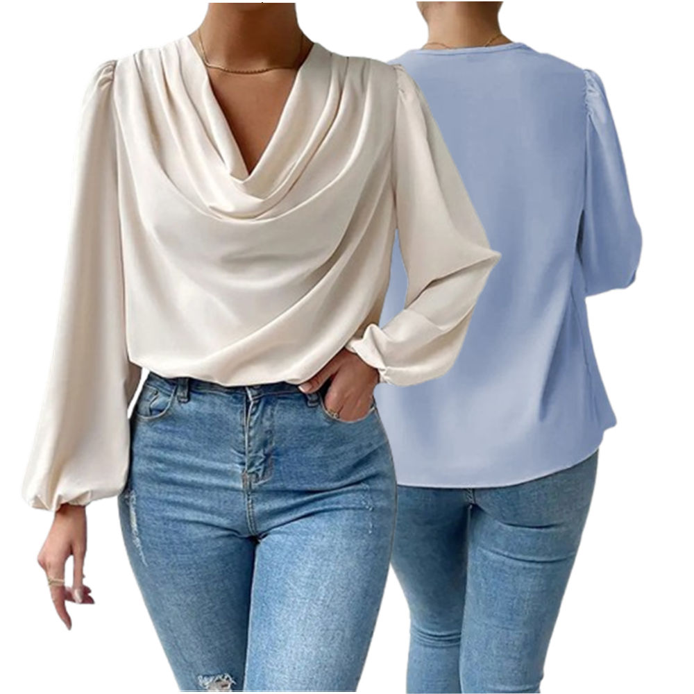 Women's Business Casual Tops Summer Long Sleeve Shirts V Neck Chiffon Blouses
