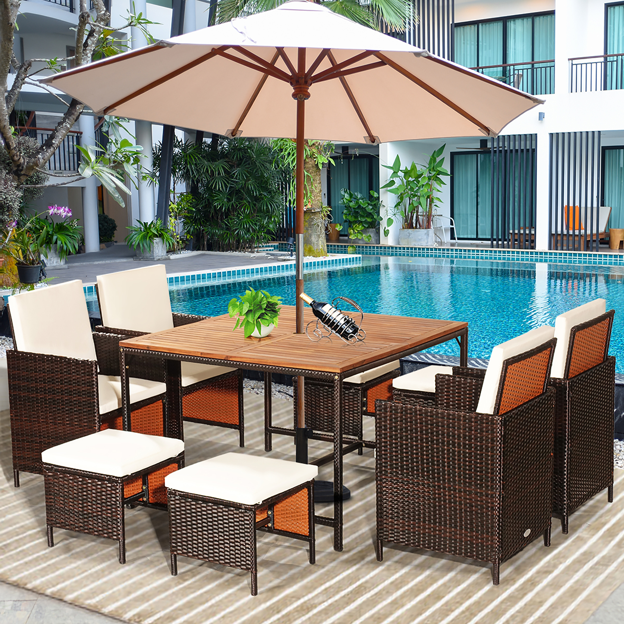 9 Piece Set: Rattan Patio Dining Set With Wood Table