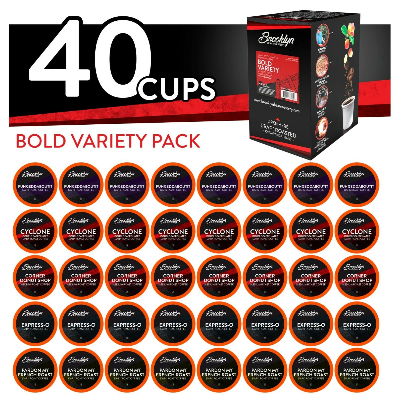 Brooklyn Beans BOLD Variety Pack Coffee Pods for Keurig 2.0 Brewer, 40 Count