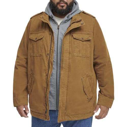 LEVI'S MEN'S WASHED COTTON HOODED MILITARY JACKET TALL LARGE WORKER BROWN - New