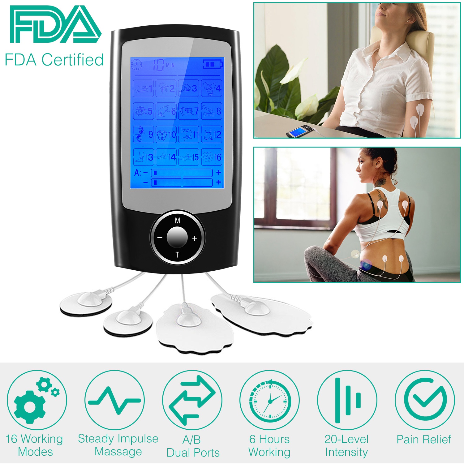 Rechargeable Tens Unit Machine Impulse Massager 16 Modes Pain Relief