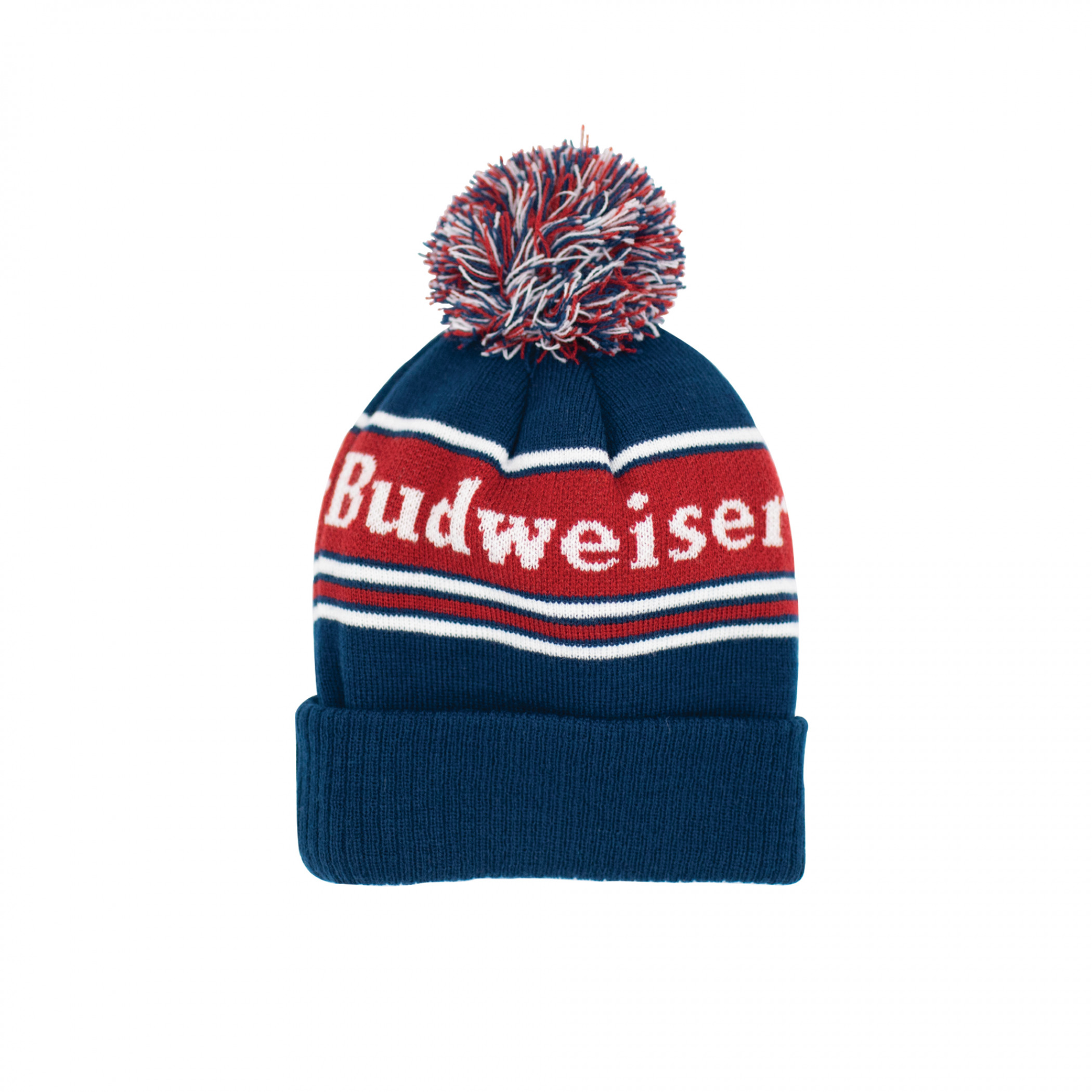 Budweiser Label Text Patch Pom Knit Cuff Beanie