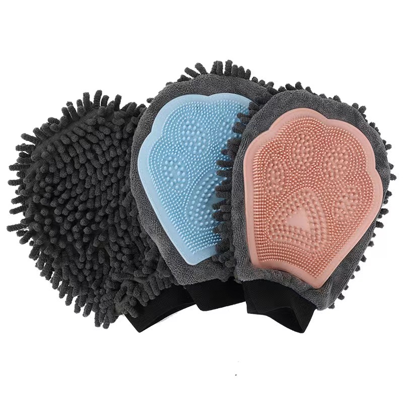 2 in 1 Pet Glove Dog Cat Grooming Microfiber Chenille Absorbs Water Glove - 3 Colors