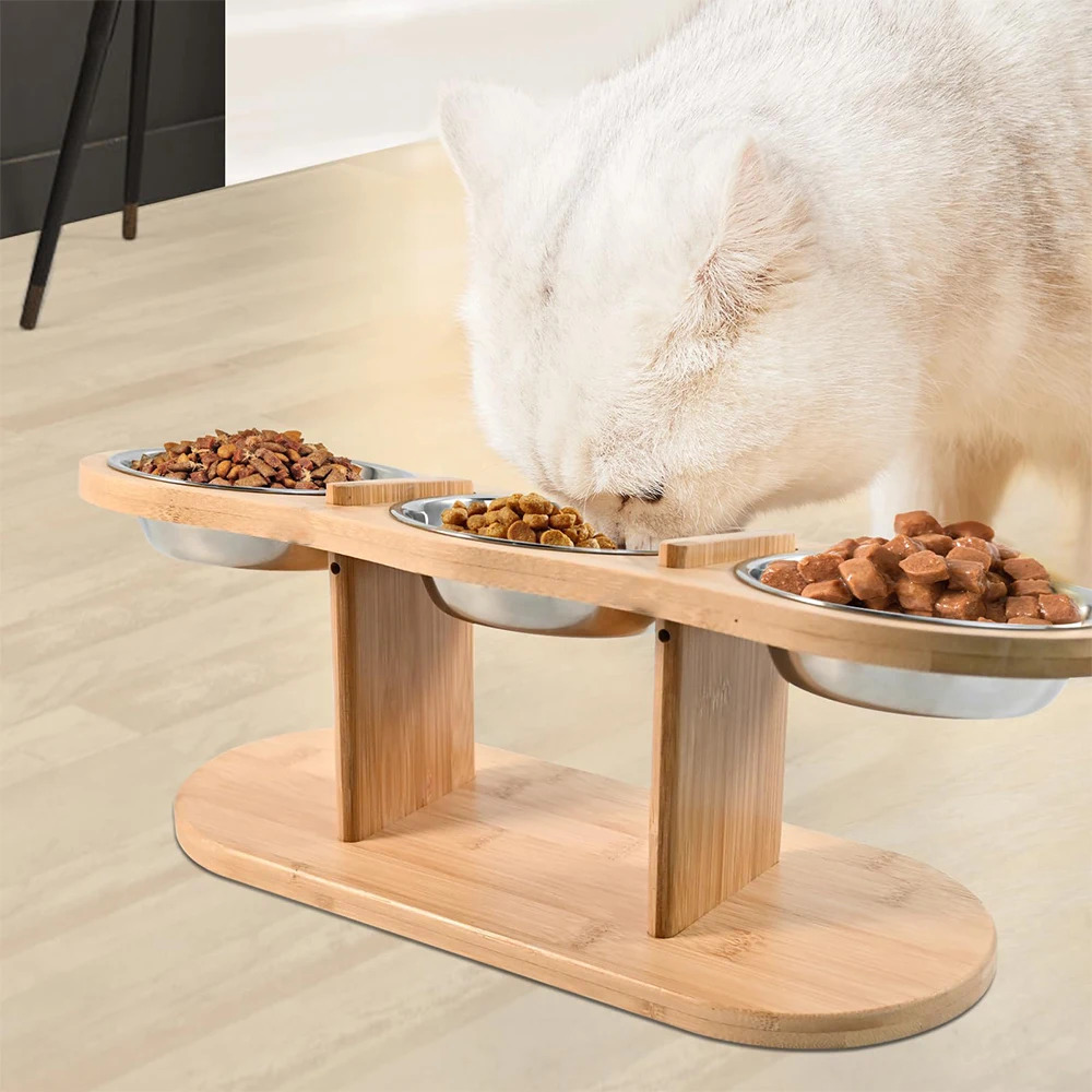Elevated 3-Bowl Pet Feeder with 15° Slanted Wood Stand