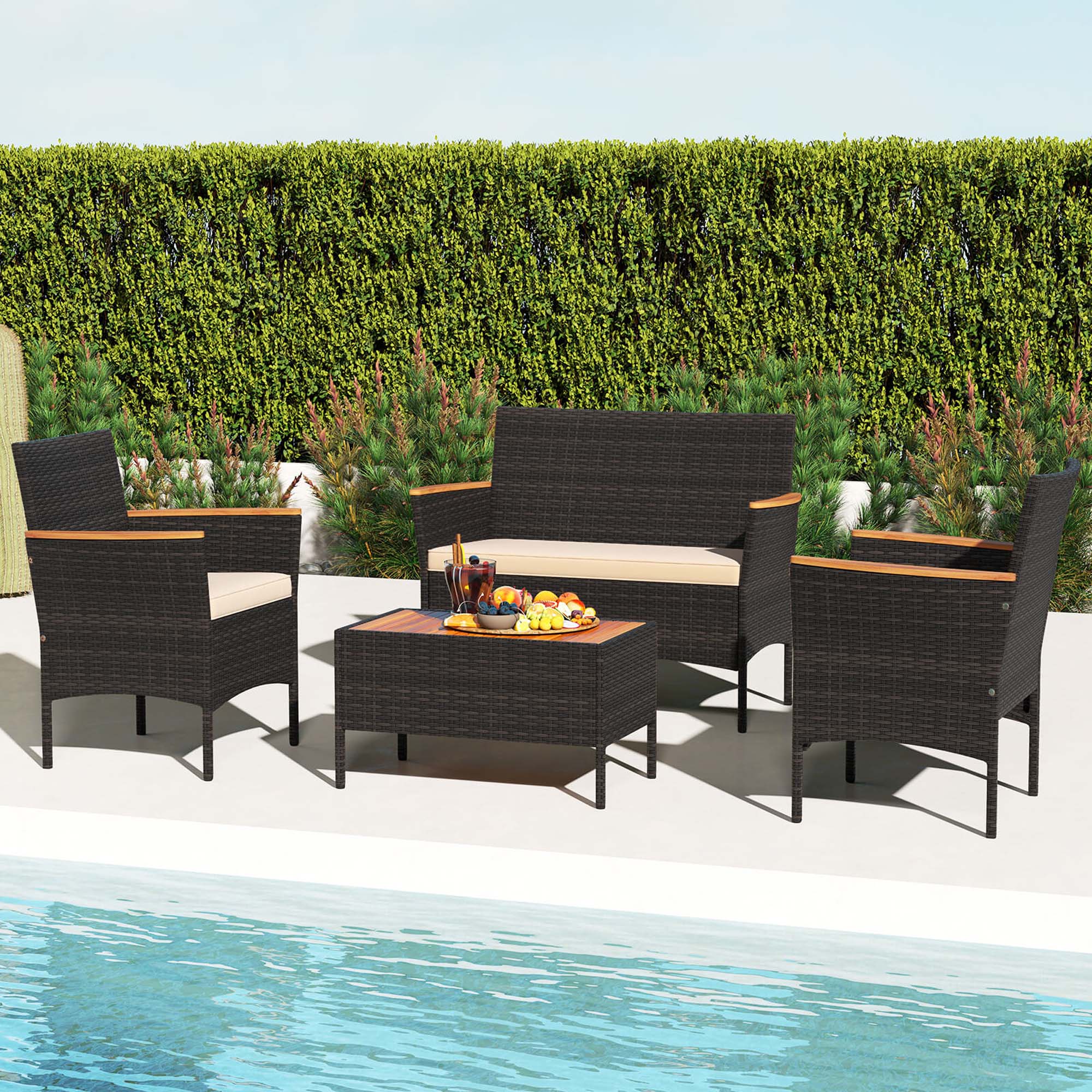 4-Piece Patio Wicker Sofa Set with Coffee Table Acacia Wood Armrests & Tabletop