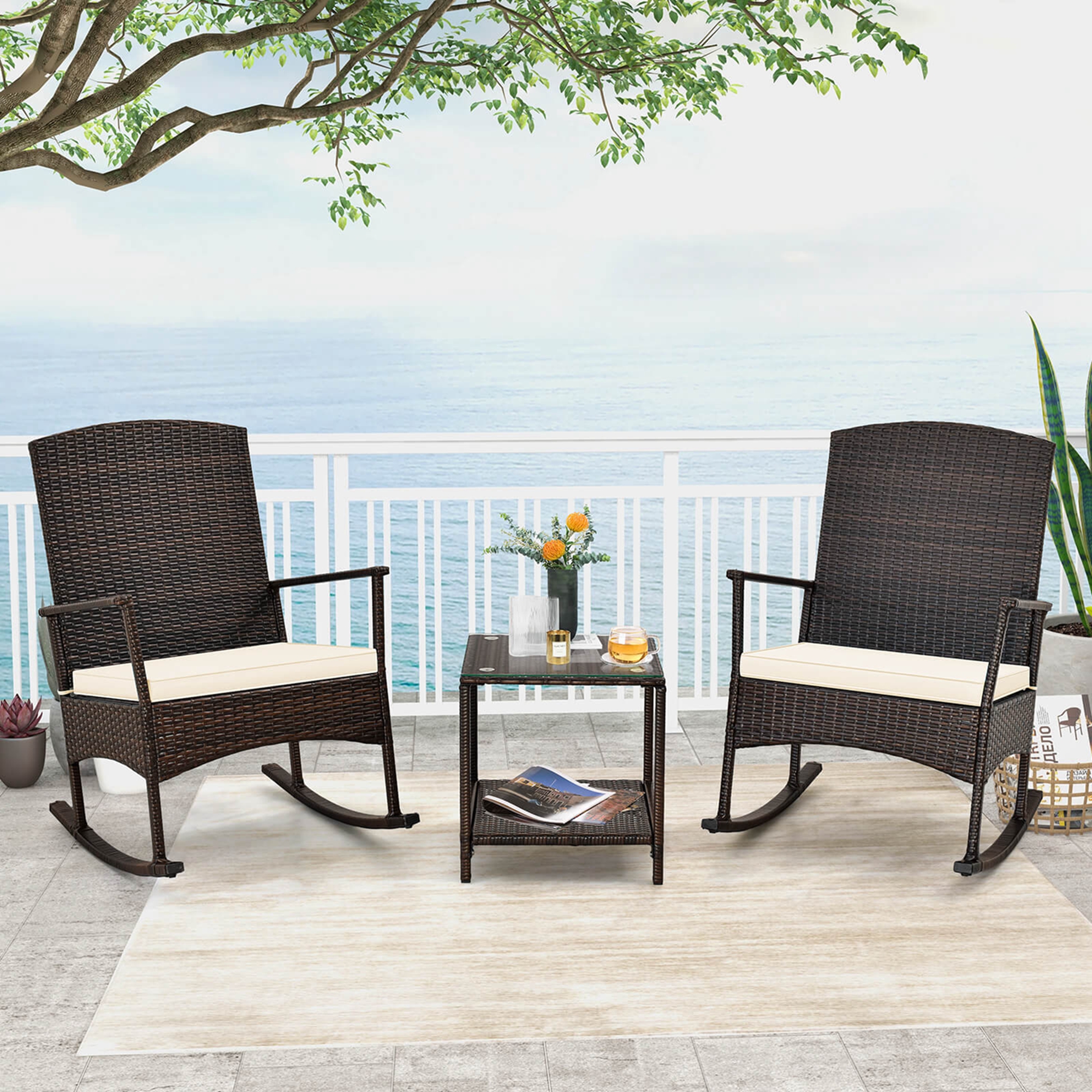 Costway 3 Piece Patio Rocking Set Wicker Rocking Chairs with 2-Tier Coffee Table Turquoise/Off White