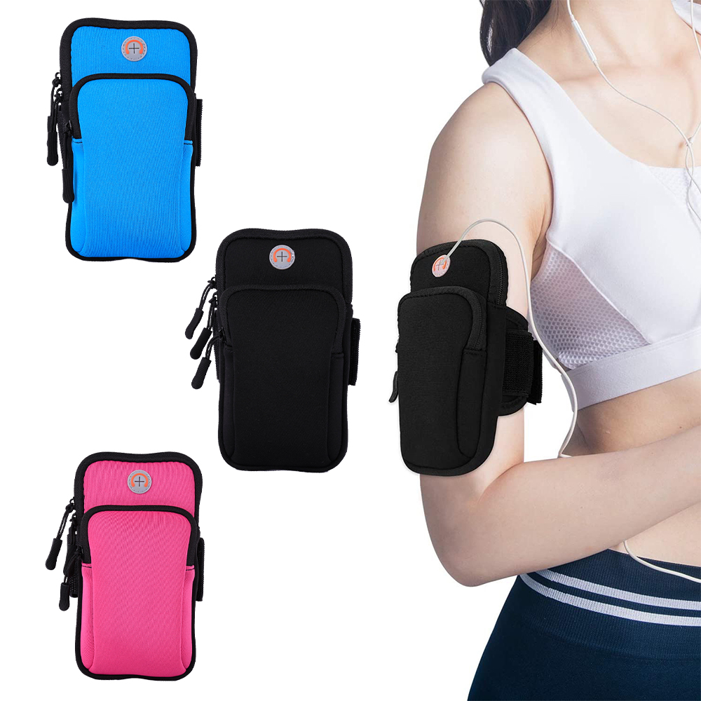 Cell Phone Armband with Adjustable Elastic Band, Storage Pouch & Headphone Slot