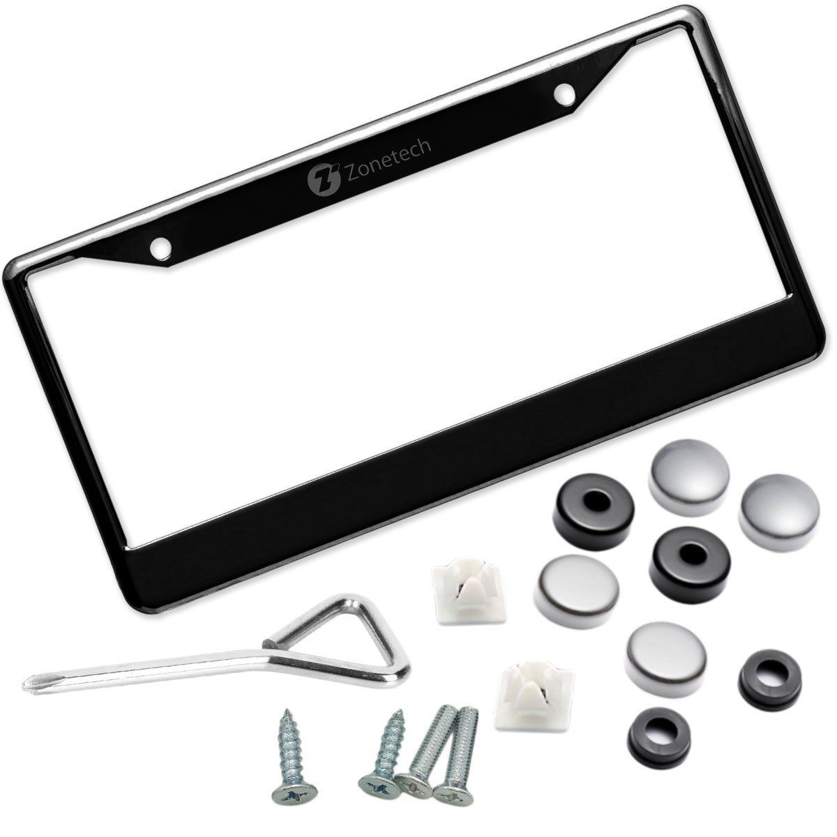 Zone Tech Slim Black Stainless Steel Metal License Plate Frame Screw Caps
