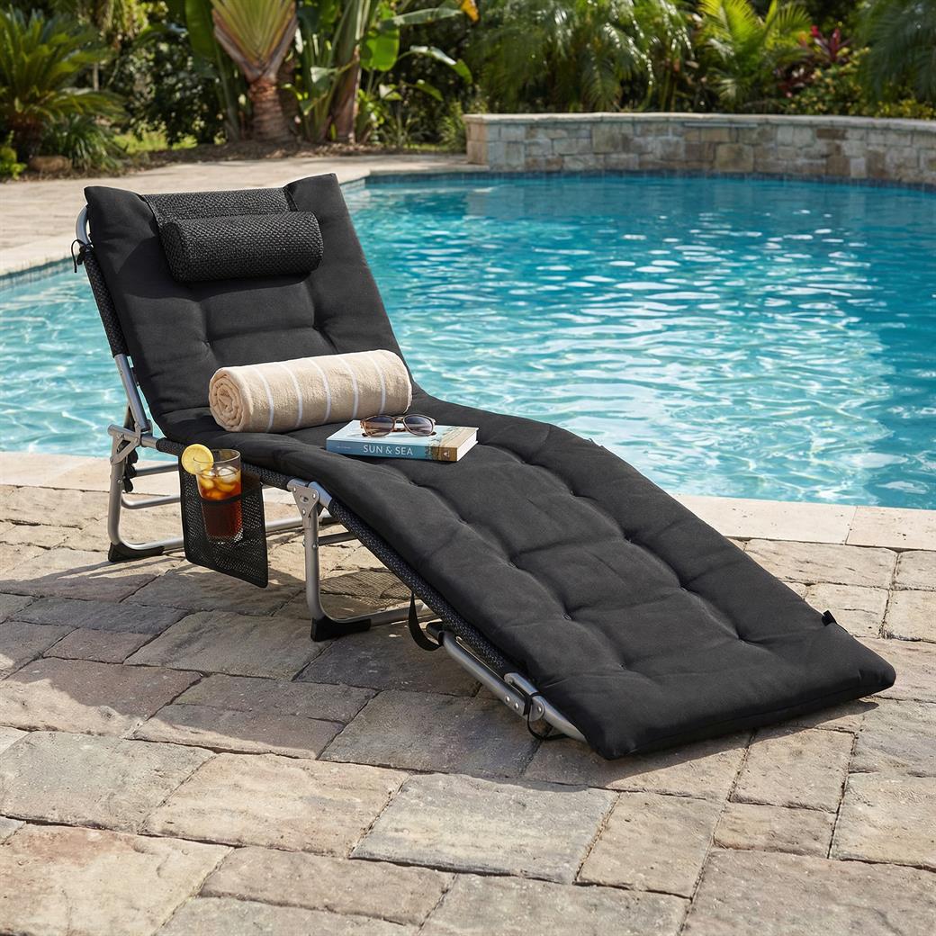 4-Fold Oversize Padded Folding Lounge Chair with Removable Soft Mattress-Black