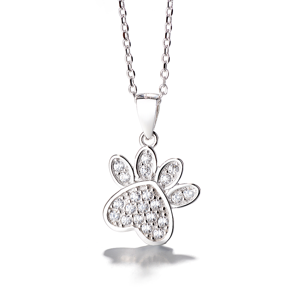 Sterling Silver Crystal Dog Paw Pendant Necklace