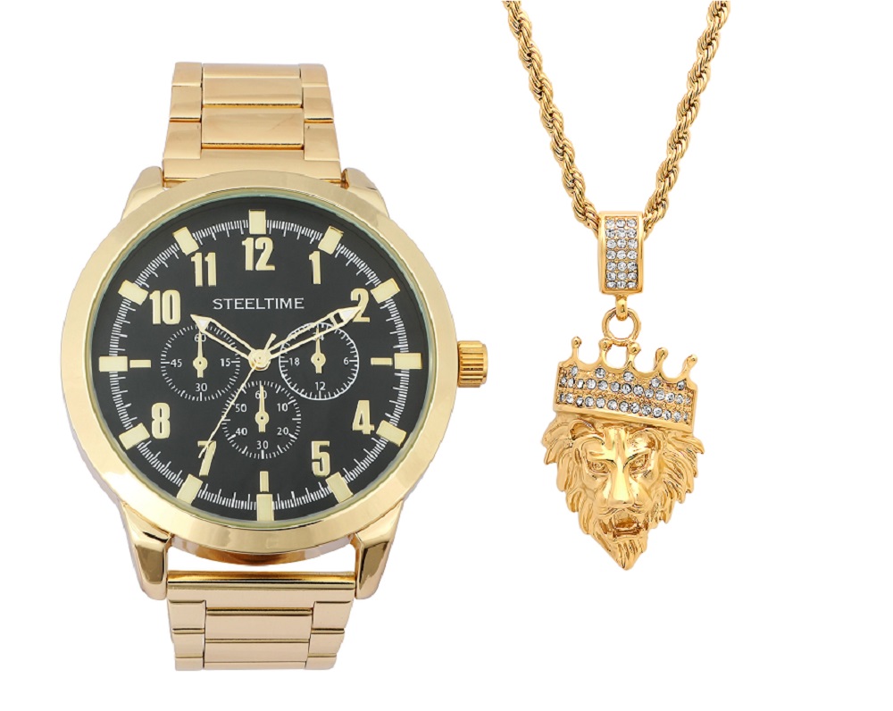 Gold Pendant & Watch Set W/ Lion Head Crown Pendant