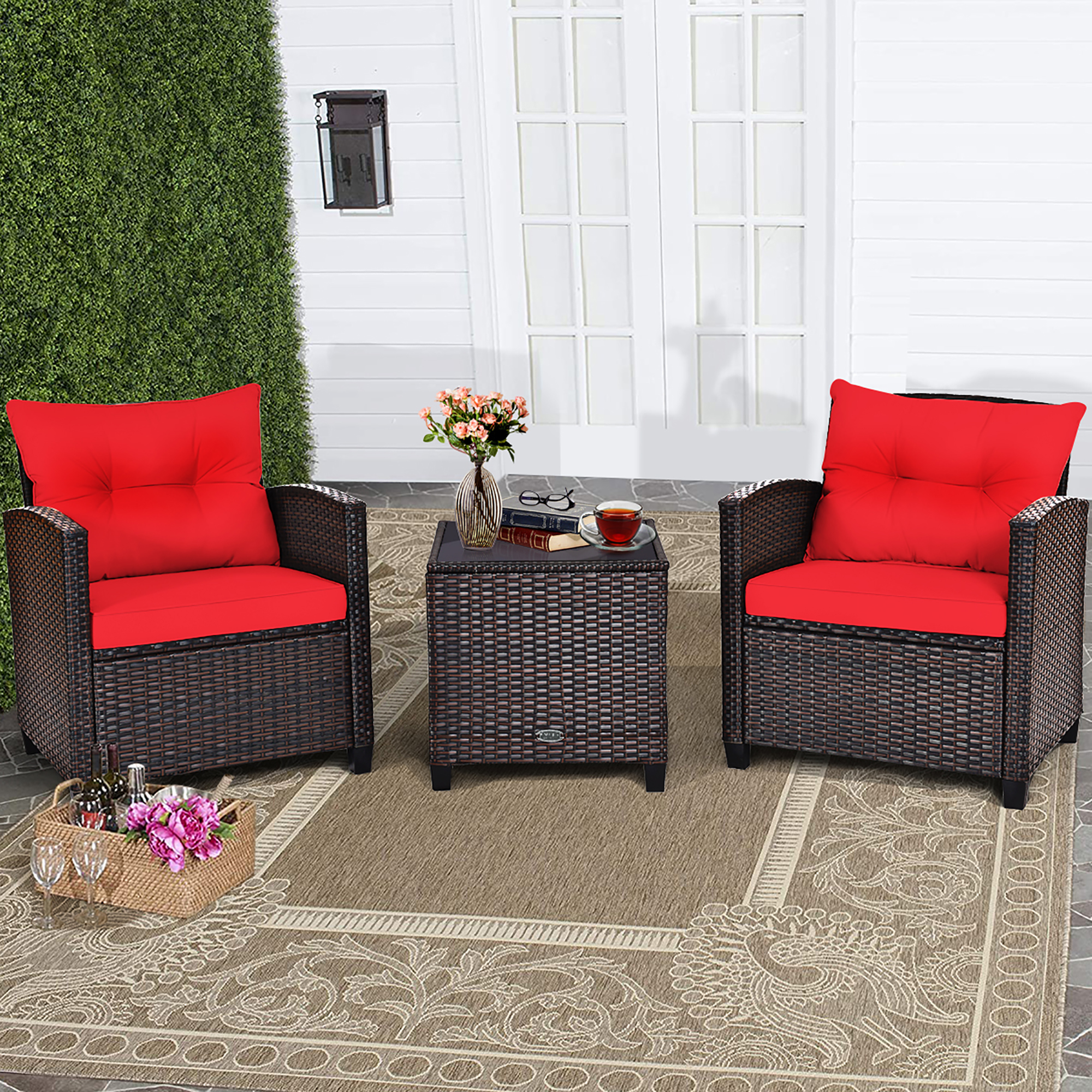 3 Piece Set: Rattan Cushioned Conversation Patio Set
