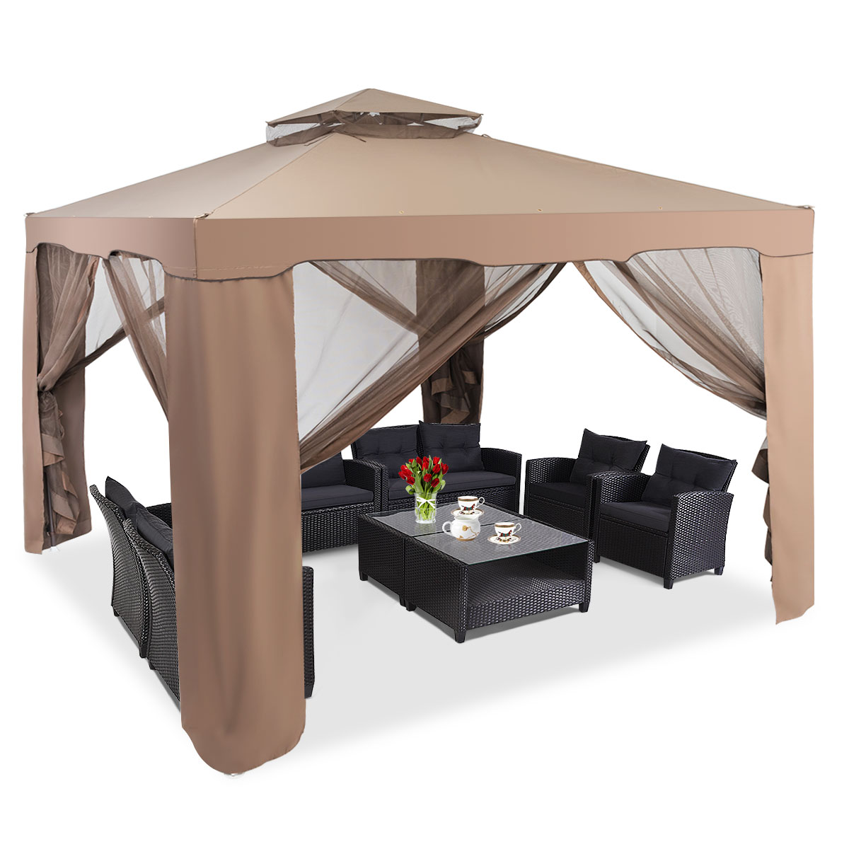10'x 10' Canopy Gazebo Tent Shelter Garden Lawn Patio W/Mosquito Netting Coffee