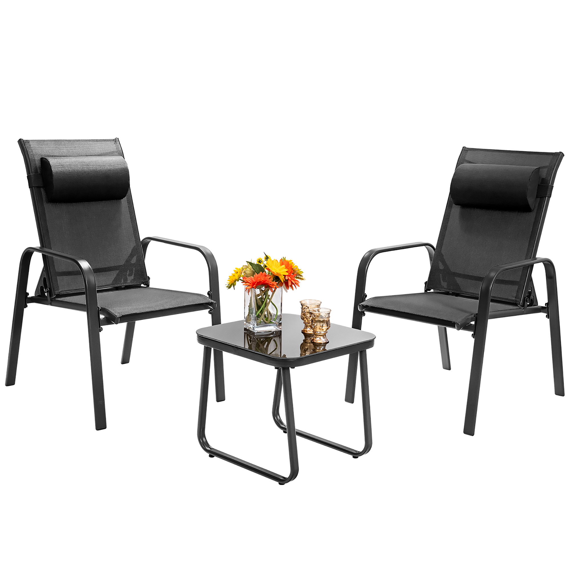 Costway 3PCS Patio Bistro Furniture Set Adjustable Back Stackable Chairs