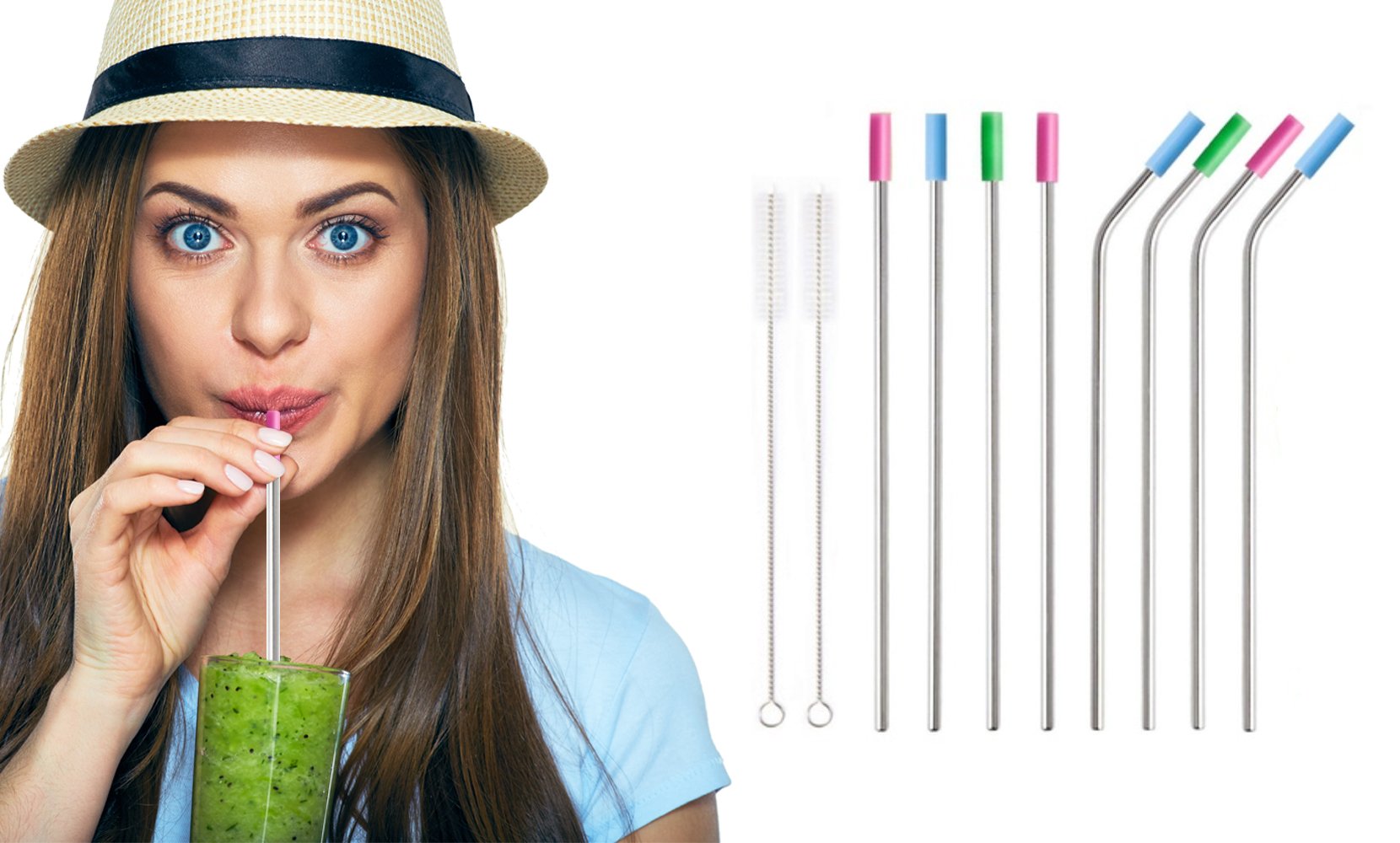 Stainless Steel Extra Wide Drinking Straws With Colored Silicone Tops