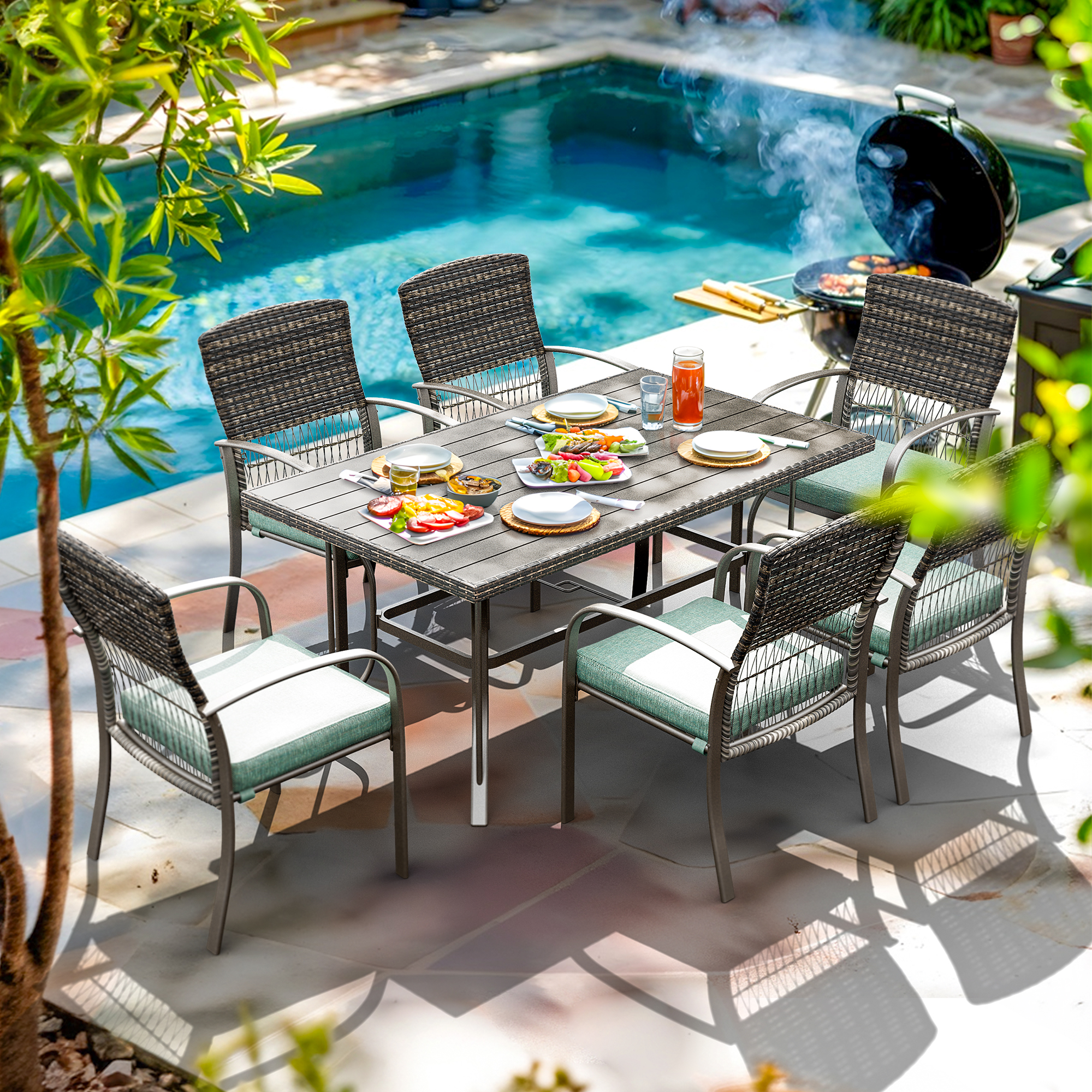 Pamapic Metal Outdoor Dining Sets for 6 with Iron Slats Table Top & Removable Cushion