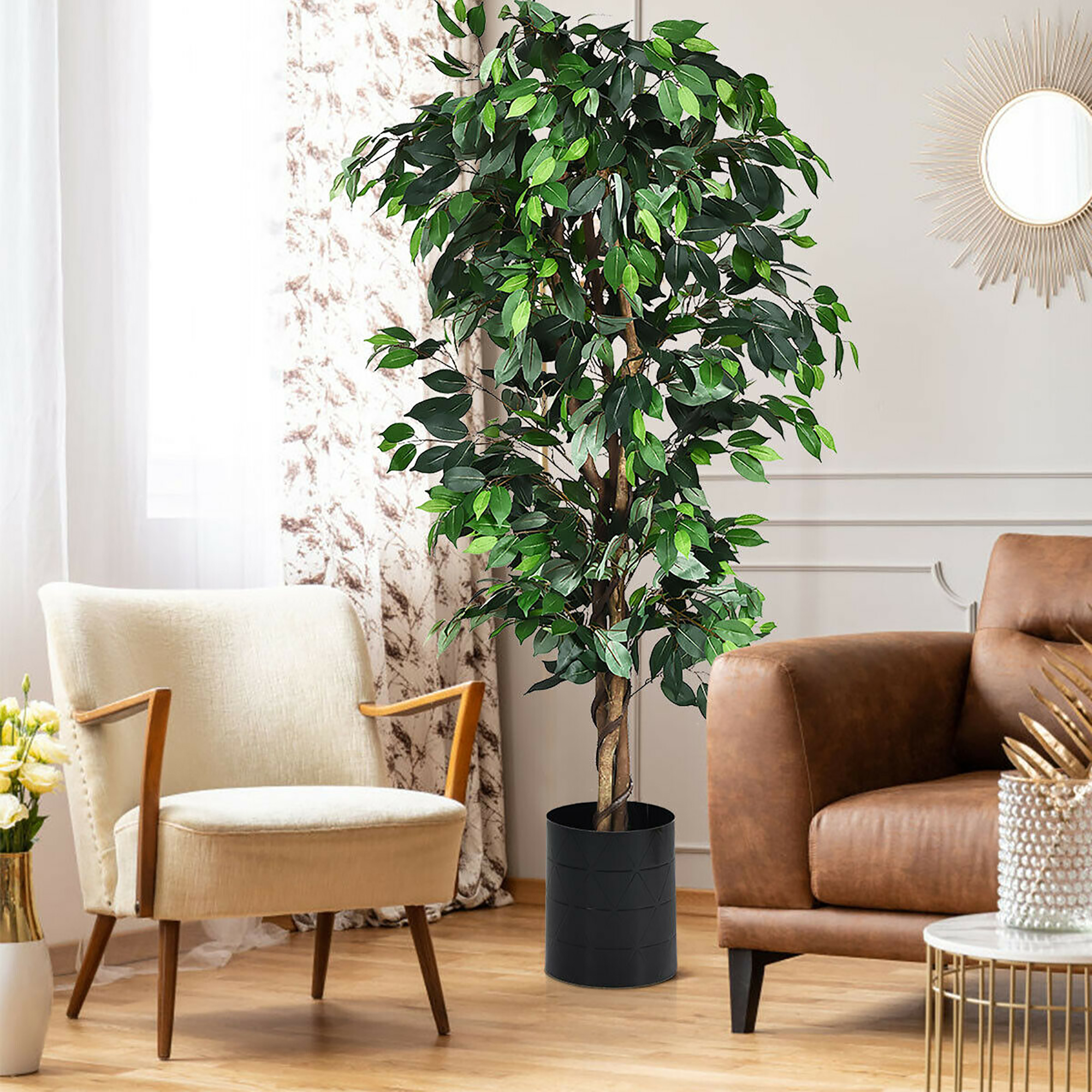 6 Feet Artificial Ficus Silk Tree Wood Trunks Green In/Outdoor Home Decor