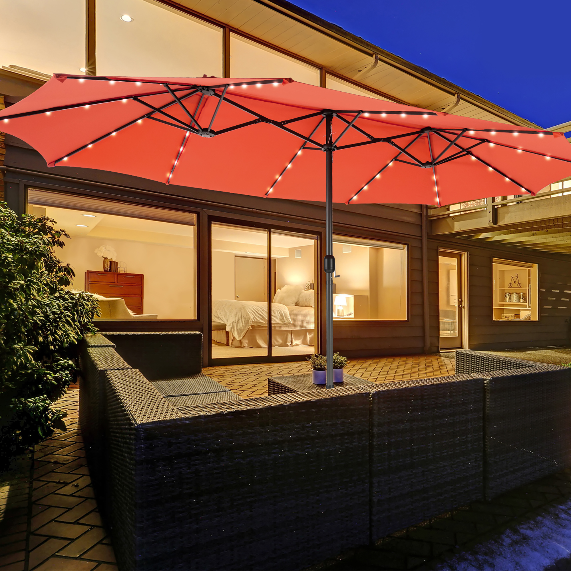 15ft Twin Steel Patio Umbrella with 48 Solar LED Lights