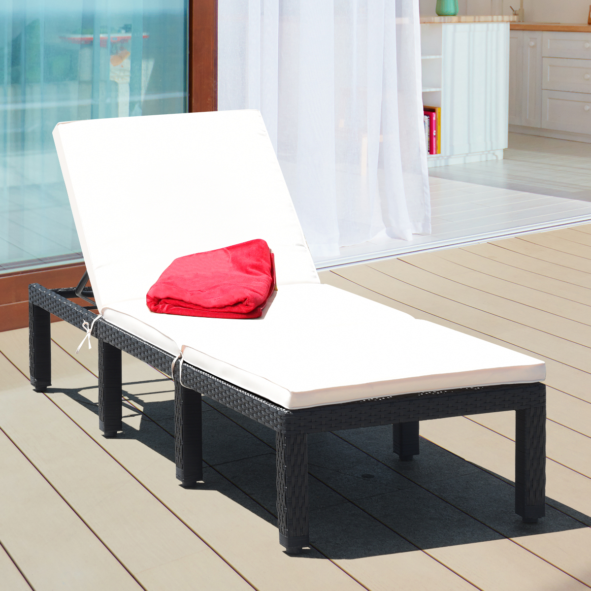 Costway Patio Rattan Lounge Chair Chaise Couch Cushioned Height Adjustable Pool Garden White
